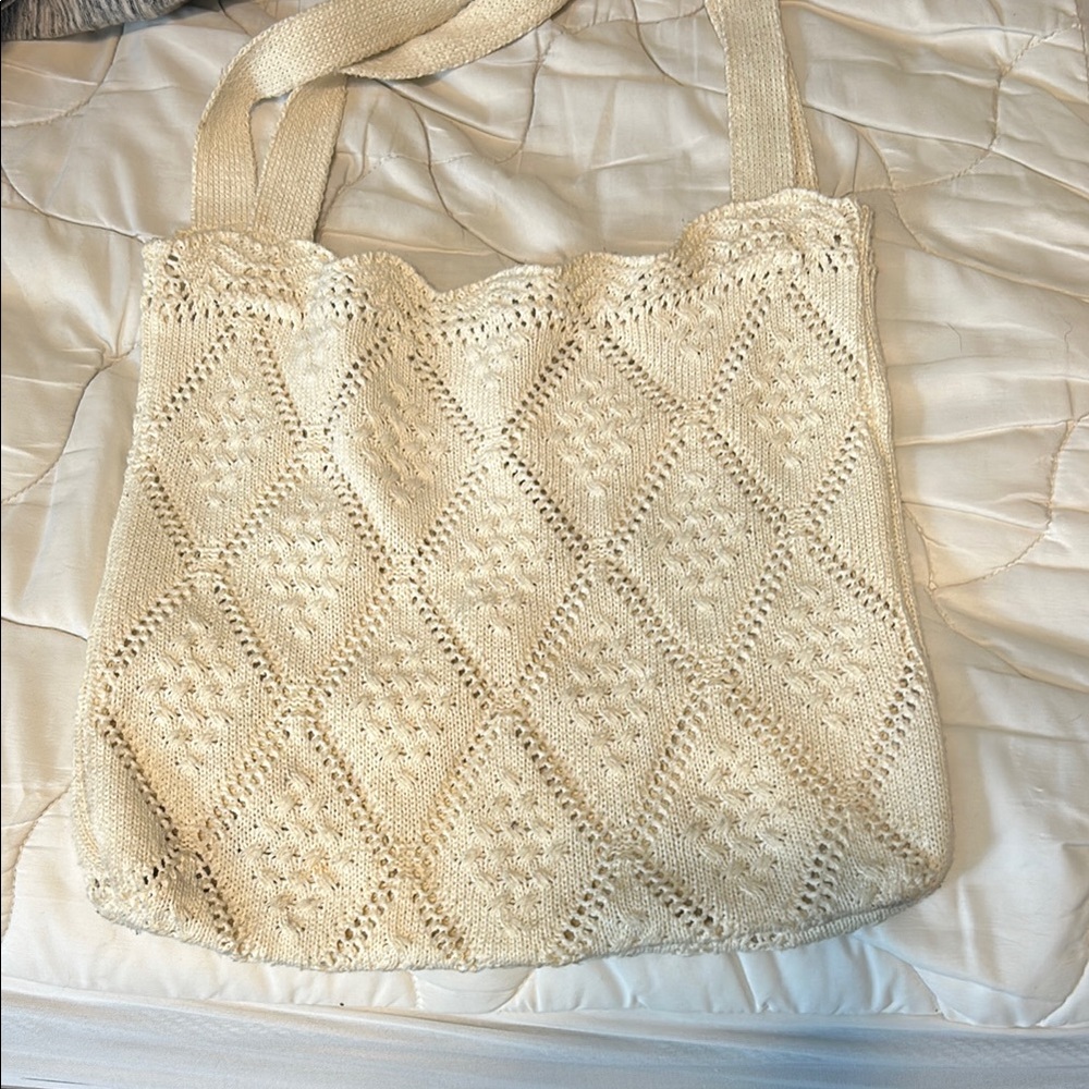 SHEIN Cream Crochet Tote Bag with Geometric Pattern